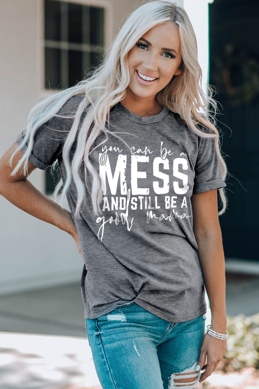 Mama Mess Graphic Round Neck Cuffed T-Shirt