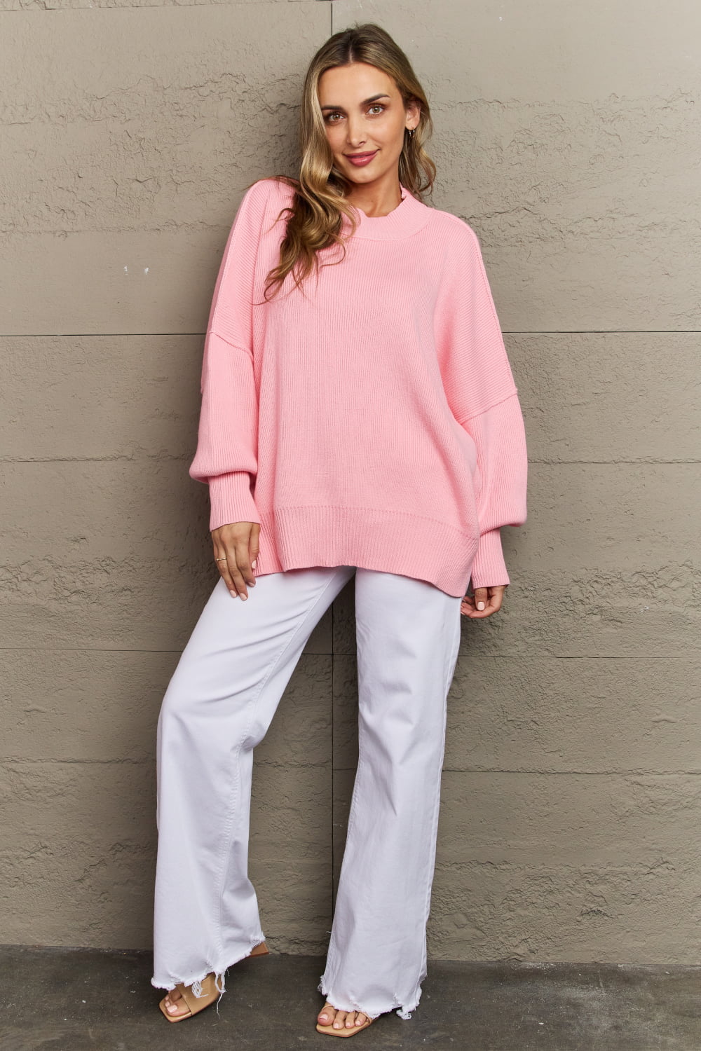 Zenana Comfort Awaits Slouchy Side Slit Sweater in Pink