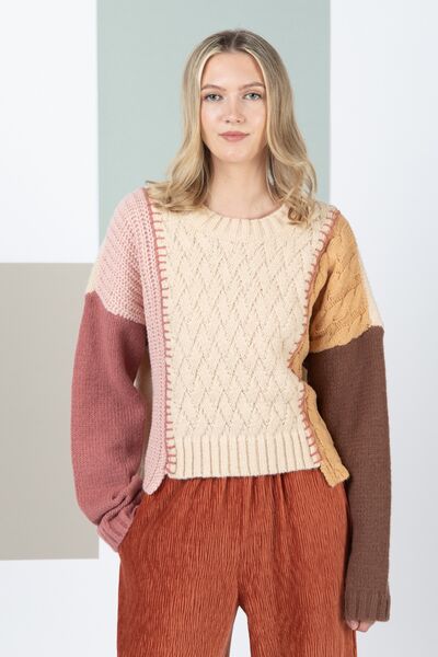 Mulit VERY J Color Block Cable Knit Long Sleeve Sweater
