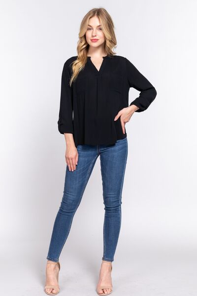 Work Day ACTIVE BASIC Full Size Notched Long Sleeve Woven Top