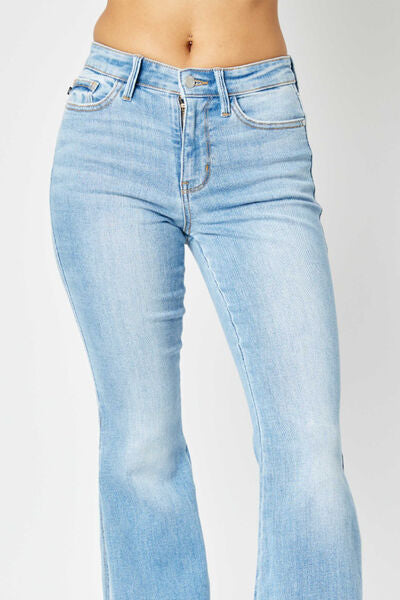 Retro Judy Blue Full Size Mid Rise Raw Hem Slit Flare Jeans
