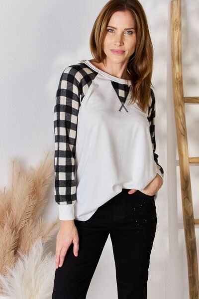 Morning Hailey & Co Full Size Plaid Raglan Sleeve Round Neck Blouse