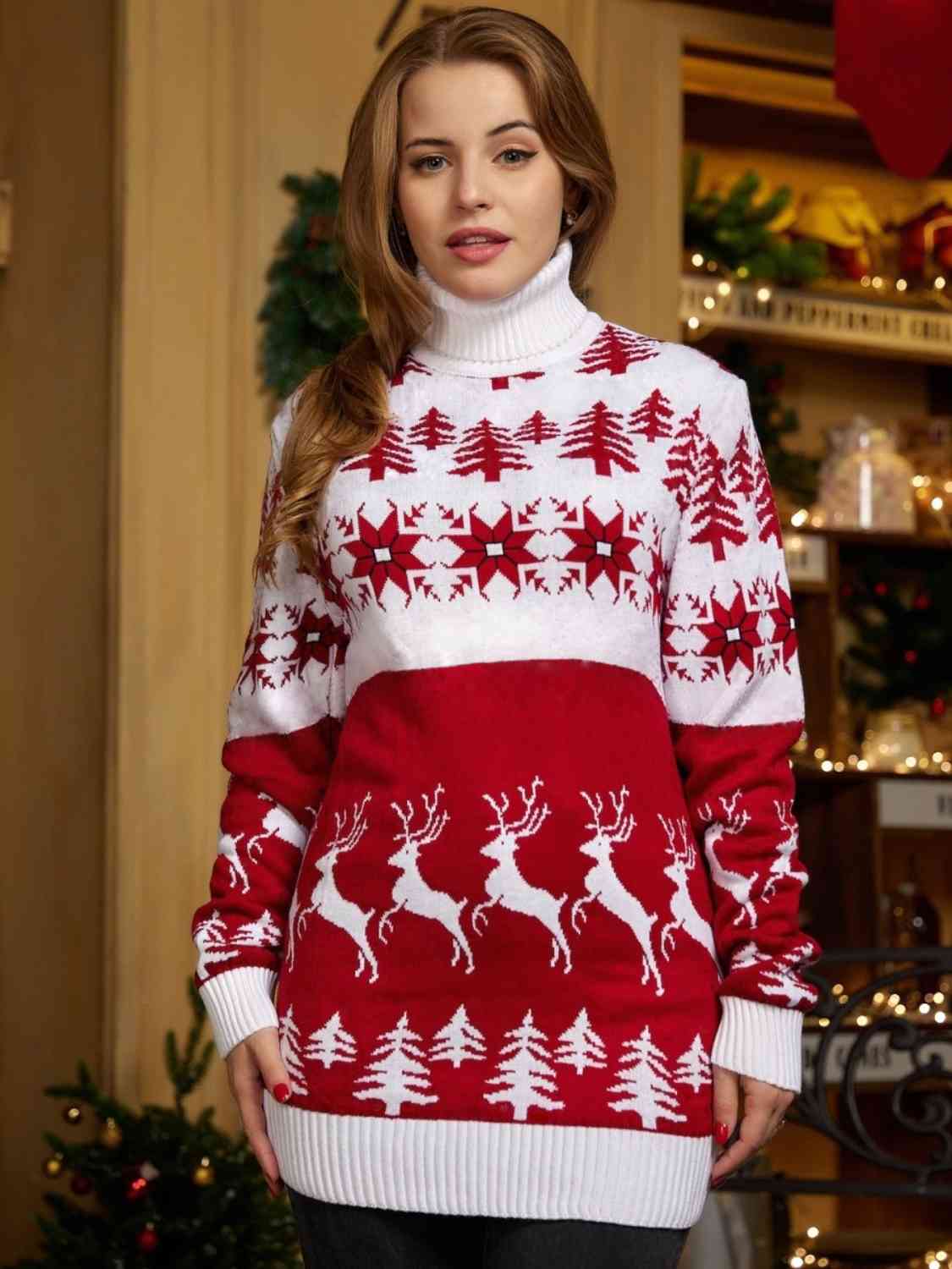 Christmas Turtleneck Ribbed Trim Sweater
